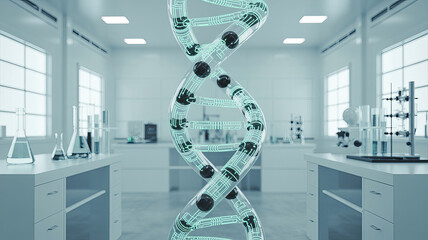 Futuristic DNA structure in a sterile lab setting, representing genetic research, medical innovation, and cutting-edge biotechnology advancements