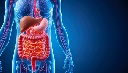 Detailed anatomical illustration of the human digestive system, showing intestines, stomach, and surrounding blood vessels with clear structure and vibrant medical visualization