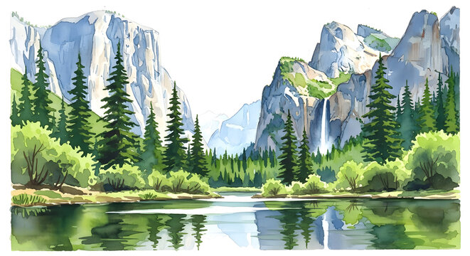 Scenic mountain landscape with a lake, forest, and sky reflection in Yosemite National Park