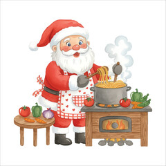 Santa Cooking Pasta Watercolor Vector Clipart
