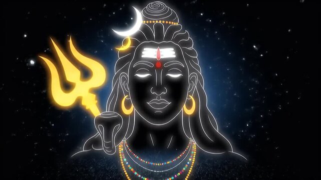 Glowing illustration of meditating deity with crescent moon and trident on dark background showing spiritual symbols and divine form in glowing lines
