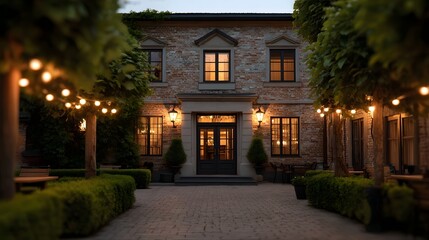 Fototapeta premium Exterior view of an elegant brick building at dusk illuminated by decorative string lights in the courtyard