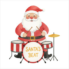 Santa Playing Drums Watercolor Vector Clipart
