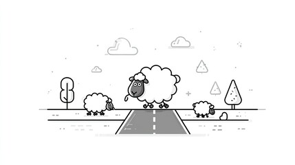 Cartoon sheep walk across a road with trees and clouds.