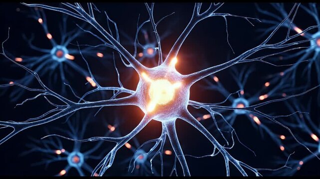 Vibrant illustration of neurons with electric currents showcasing intricate cell structures bright lighting and a dark background with organic shapes