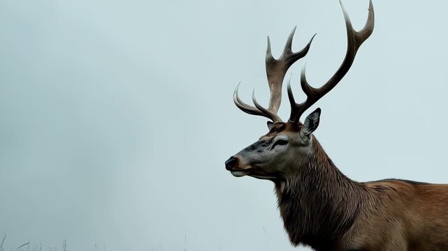 A majestic stag stands in a misty landscape at dawn, surrounded by muted colors. Its antlers rise high as it surveys the quiet surroundings, embodying nature's tranquility.
