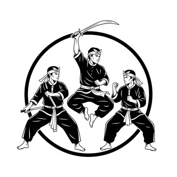 Silat Martial Arts Group in Dynamic Action Vector Illustration