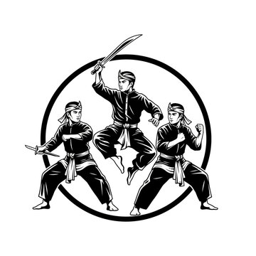 Pencak Silat Fighters Logo Illustration: Traditional Southeast Asian Martial Arts Action