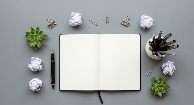 Open notebook with writing supplies and succulents on gray blank pages stationery