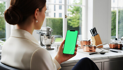 Hand holding smartphone with vibrant green screen in a modern kitchen setting, featuring cookware, utensils, and appliances, ideal for digital design, app mockups, and tech presentations