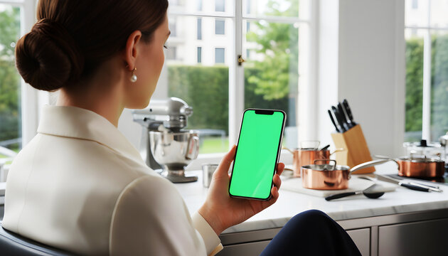 Hand holding smartphone with vibrant green screen in a modern kitchen setting, featuring cookware, utensils, and appliances, ideal for digital design, app mockups, and tech presentations - Powered by Adobe