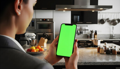 Hand holding smartphone with vivid green screen in sleek modern kitchen, featuring cookware, utensils, and appliances, ideal for digital mockups, app previews, and technology concepts