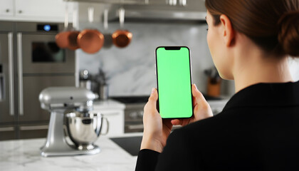 Hand holding smartphone with bright green screen in contemporary kitchen, featuring cooking utensils and appliances, perfect for digital mockups, app previews, UI design, and tech presentations
