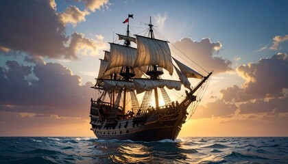 Fototapeta premium 夕陽に浮かぶ壮麗な帆船が進む航路1