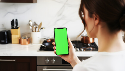 Hand holding smartphone with vivid green screen in modern kitchen interior, surrounded by cooking utensils and appliances, perfect for digital mockups, app previews, and tech concepts