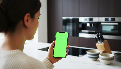 Hand holding smartphone with vibrant green screen in modern kitchen environment, surrounded by cooking utensils and appliances, perfect for digital mockups, tech previews, and UI design