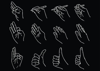 Hand gesture line art collection on black background with various poses and signs. Minimal continuous line drawings of hands showing communication and expression. Modern vector illustration set for 