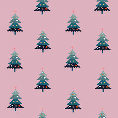 Fototapeta premium Seamless pattern Winter background Christmas tree on pink background Pattern for decorating new year gifts Vector illustration