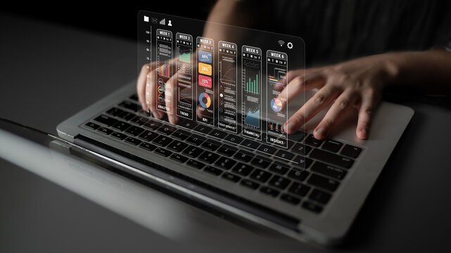 A weekly business performance report and analytics dashboard. A concept for tracking trends, KPIs, financial data, and insights over time. Motif