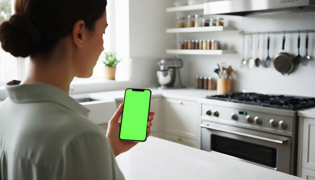 Hand holding smartphone with clear green screen in a stylish modern kitchen, featuring cooking tools and appliances, ideal for app mockups, UI previews, digital technology visuals