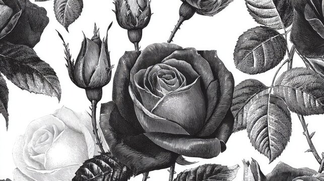 Intricate grayscale engraving of roses and leaves creates an elegant floral pattern.