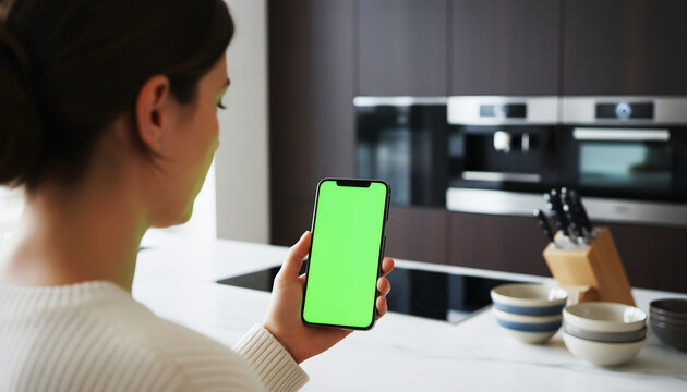 Hand holding smartphone with vibrant green screen in modern kitchen environment, surrounded by cooking utensils and appliances, perfect for digital mockups, tech previews, and UI design - Powered by Adobe