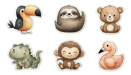 Obraz premium Cute Tropical Animals Collection Featuring Sloth, Toucan, Monkey, Bear, and More