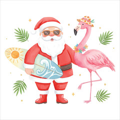 Santa Claus with Flamingo Watercolor Vector on White Background
