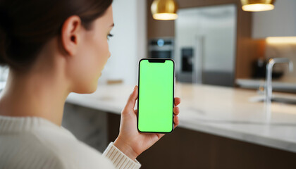 Hand holding smartphone with vivid green screen in a modern kitchen setting, featuring cooking utensils, appliances, and a clean countertop ideal for app mockups, digital previews, and tech