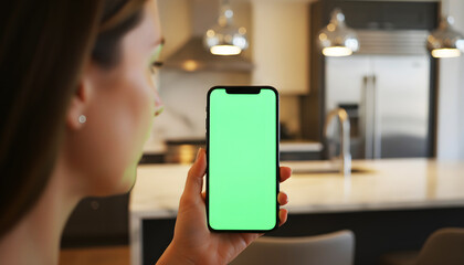 Hand holding smartphone with bright green screen inside a modern kitchen environment, showcasing cooking tools, utensils, and contemporary appliances for mockups, app previews, and tech presentations