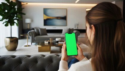 Hand holding smartphone with green screen in a stylish modern living room, featuring cozy furniture, warm natural light, minimalist decor, and a clean contemporary interior perfect for device or app