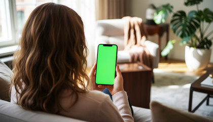 Hand holding smartphone with green screen in a modern bright living room, featuring elegant furniture, soft warm lighting, minimal decor, and a stylish clean interior ideal for mobile device or app