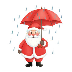 Watercolor Santa Claus holding red umbrella in rain, cute cozy Christmas vector illustration on white background
