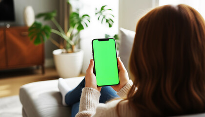 Hand holding smartphone with vibrant green screen in a modern cozy living room, featuring contemporary furniture, warm natural light, stylish decor, and a relaxed clean interior perfect for mockups