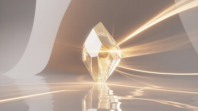 Stunning golden crystal radiates light in a modern, ethereal scene, perfect for luxury branding, high-end design, and elegant abstract concepts