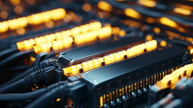 A close-up view reveals a complex arrangement of networking cables featuring glowing orange lights, showcasing the inner workings of a data center at night.