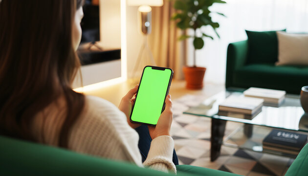 Hand holding smartphone with green screen in a bright contemporary living room, featuring minimalist furniture, soft natural lighting, cozy decor, and a modern stylish interior ideal for app or UI