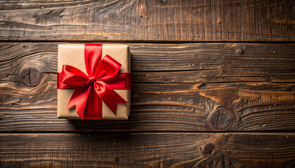 una caja de regalo sorpresa elegante con lazo rojo sobre fondo de madera y espacio para texto, para campañas de Navidad, San Valentín, Día de la Madre, dia de los enamorados y campañas de marketing