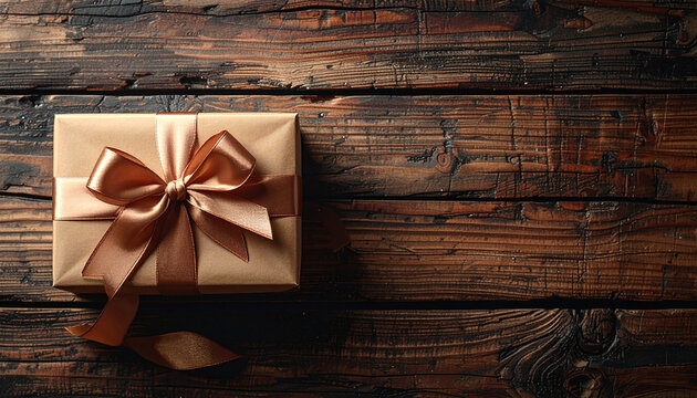 una caja de regalo sorpresa elegante con lazo sobre fondo y textura madera y espacio para texto, para campa&ntilde;as de Navidad, San Valent&iacute;n, D&iacute;a de la Madre, dia de los enamorados  y campa&ntilde;as de marketing