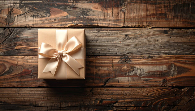 una caja de regalo sorpresa elegante con lazo sobre fondo y textura madera y espacio para texto, para campa&ntilde;as de Navidad, San Valent&iacute;n, D&iacute;a de la Madre, dia de los enamorados  y campa&ntilde;as de marketing
