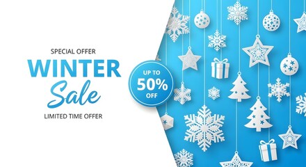 Winter sale special offer with hanging winter paper ornaments