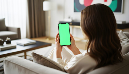 Hand holding smartphone with clean green screen inside a modern cozy living room, featuring warm decorative lighting, elegant interior styling, and a realistic environment ideal for high-quality