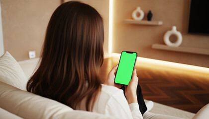 Hand holding smartphone with blank green screen in a modern cozy living room, featuring stylish furniture, elegant decor, soft warm lighting, and relaxed atmosphere, perfect for technology, app, or UI