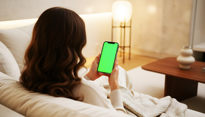 Hand holding smartphone with vibrant green screen in a contemporary cozy living room, featuring elegant interior design, soft lighting, modern furniture, and a relaxed setting perfect for digital mock