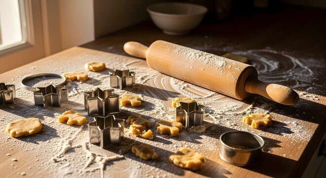 Warm sunlight illuminates a rustic kitchen scene with cookie cutters and dough ready for baking.