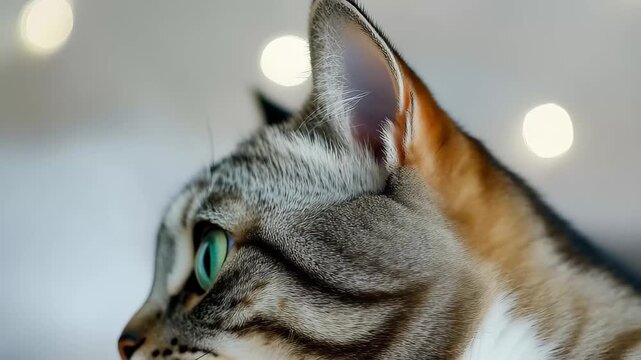 A curious tabby cat gazes upwards with wide bright green eyes, surrounded by soft white bedding and a backdrop of shimmering bokeh lights creating a cozy atmosphere.
