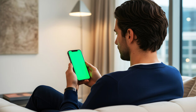 Hand holding smartphone with blank green screen chroma key for urban lifestyle app and city connectivity mockup featuring man sitting on sofa with window view of modern buildings