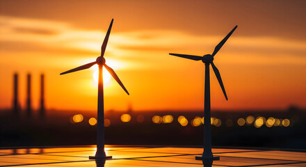 Sustainable energy solutions with dramatic sunset and modern wind turbines