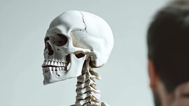 A man in a casual blue shirt looks at a skeleton, holding his neck as if pondering a question. The simple background emphasizes the interaction between the human and the skeleton.
