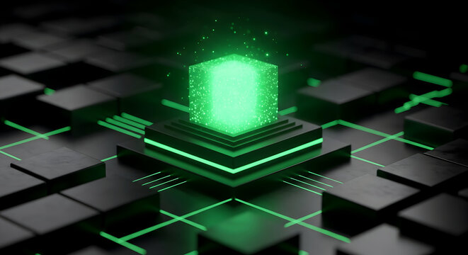 Experience futuristic technology with this glowing green cube platform display